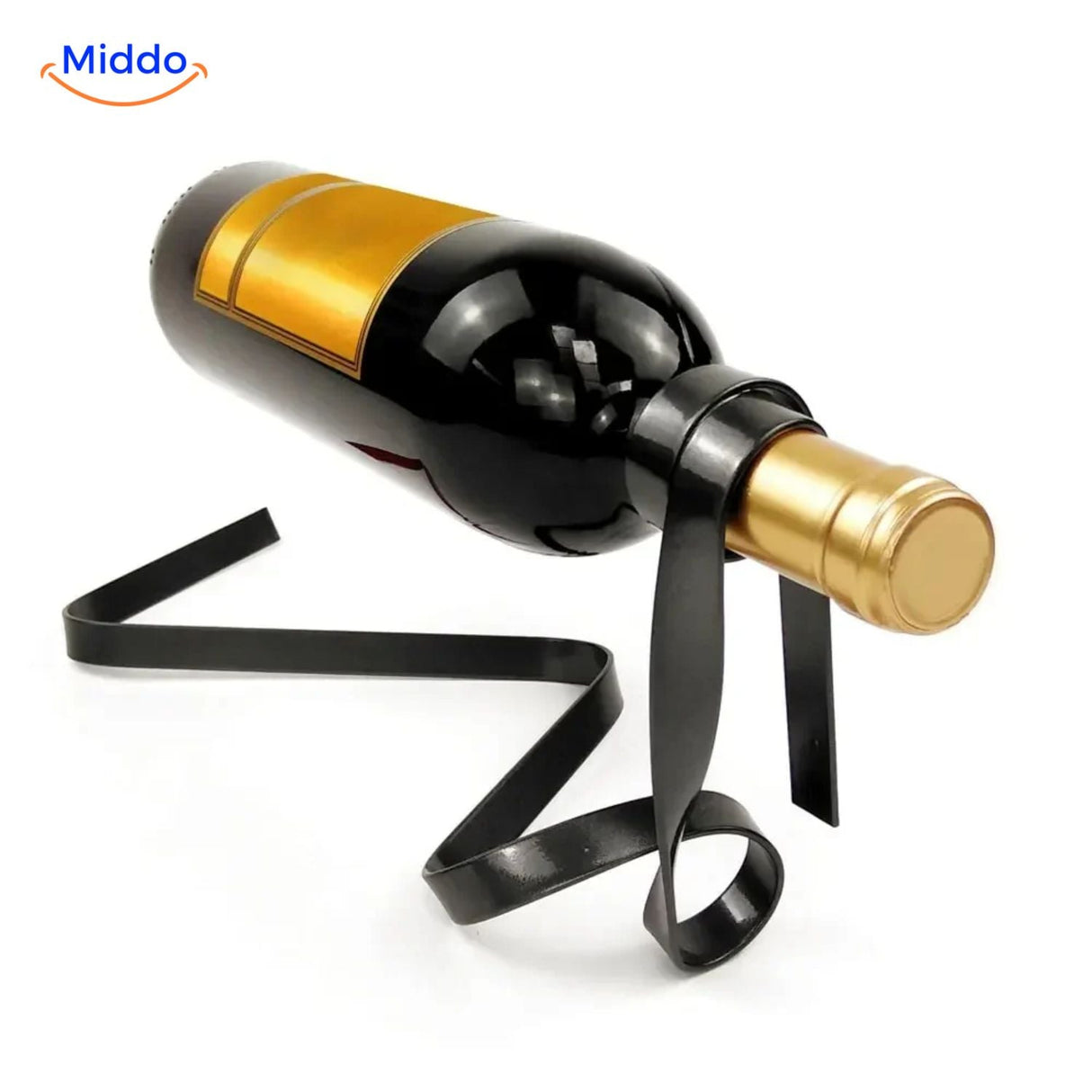 Modern wine bottle holder with contemporary ribbon design.