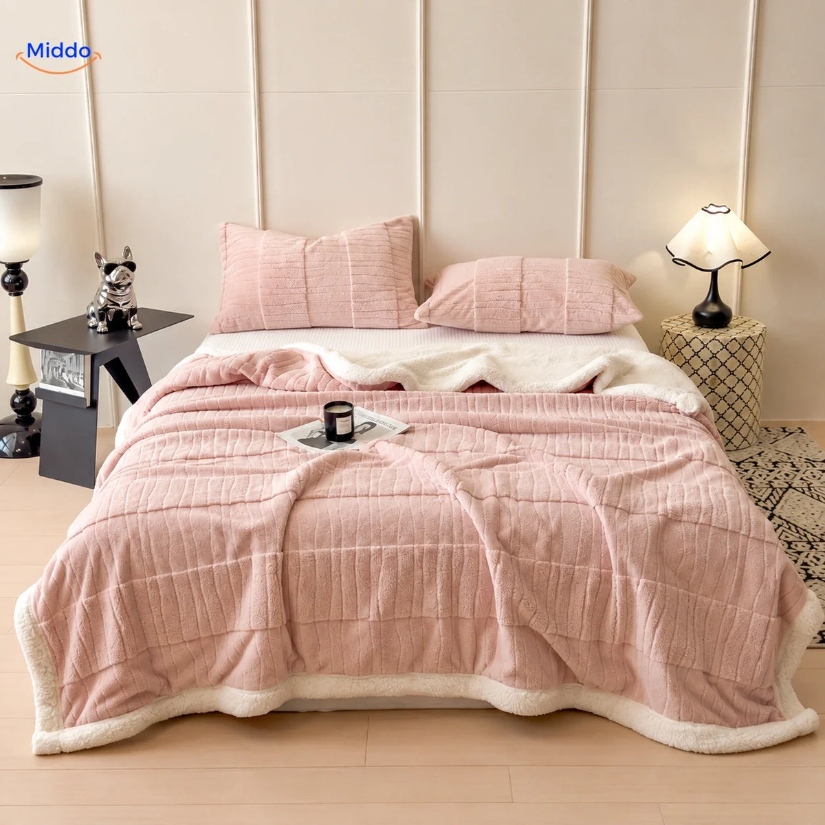 Winterra throw blanket with wave texture in light pink and soft fleece reverse