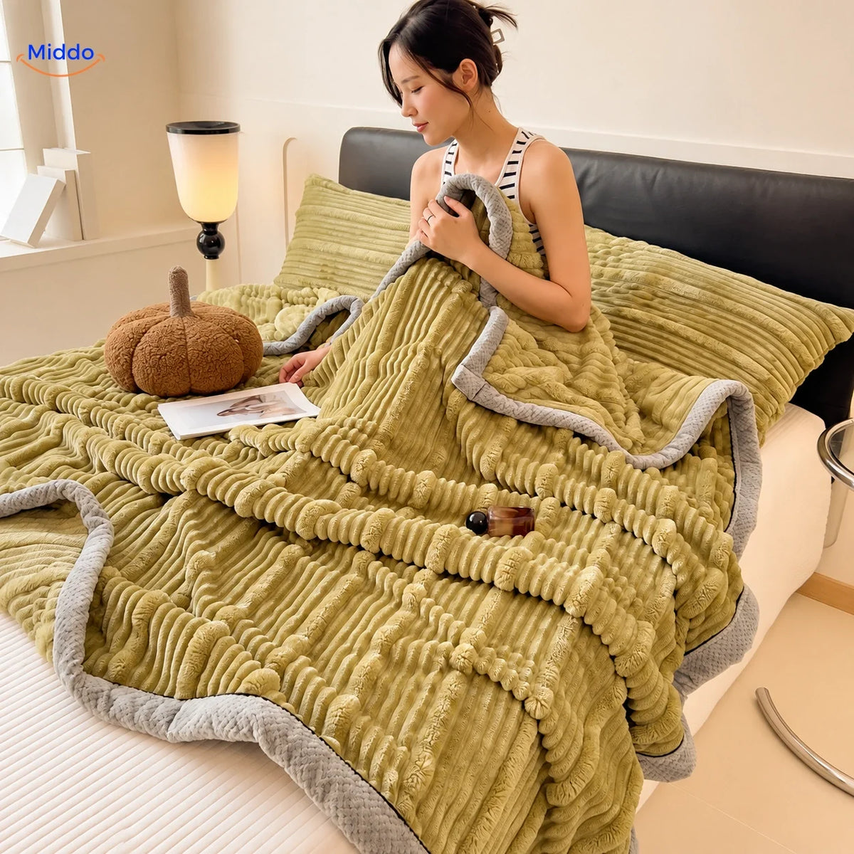 Winterra throw blanket with ribbed texture in olive green and soft fleece reverse