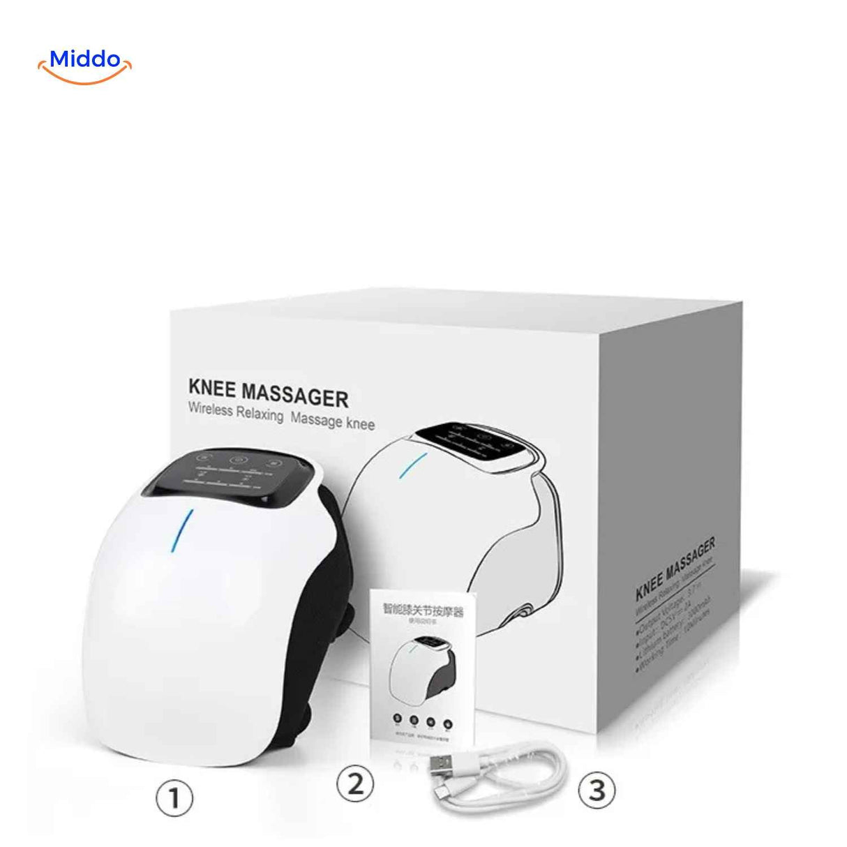 Wireless knee massager with complete kit including accessories and manual.
