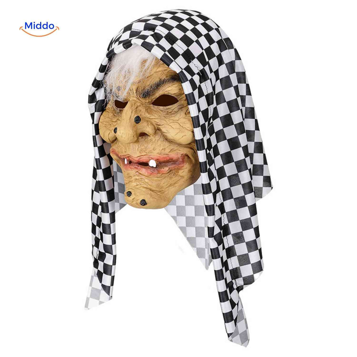 Witch mask with black and white checkered scarf.