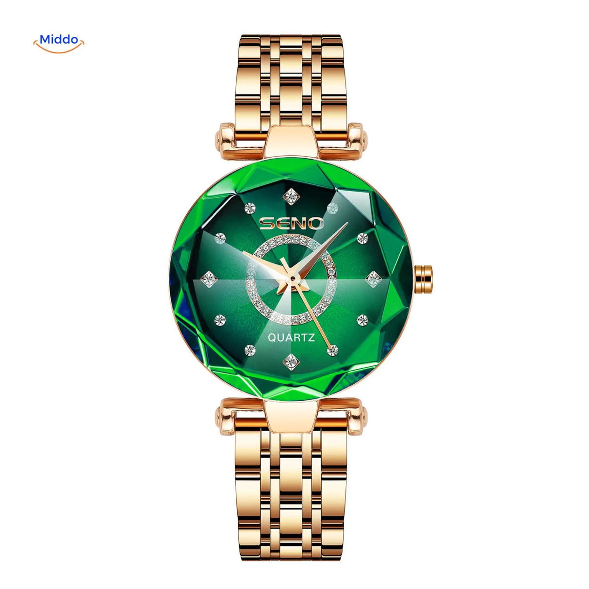 Women's quartz stainless steel watch in green and gold color combination.