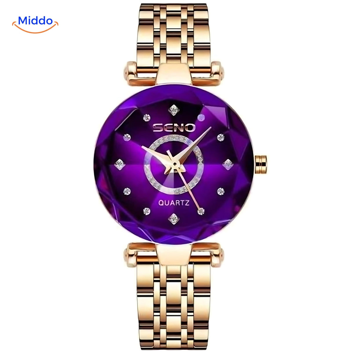 Women's elegance watch with gold case and purple leather strap color variant.