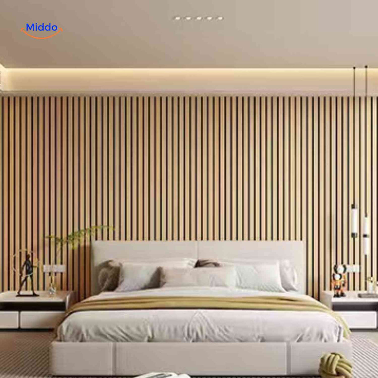 Warm wood slat 3D wall panels installed across a restaurant feature wall.