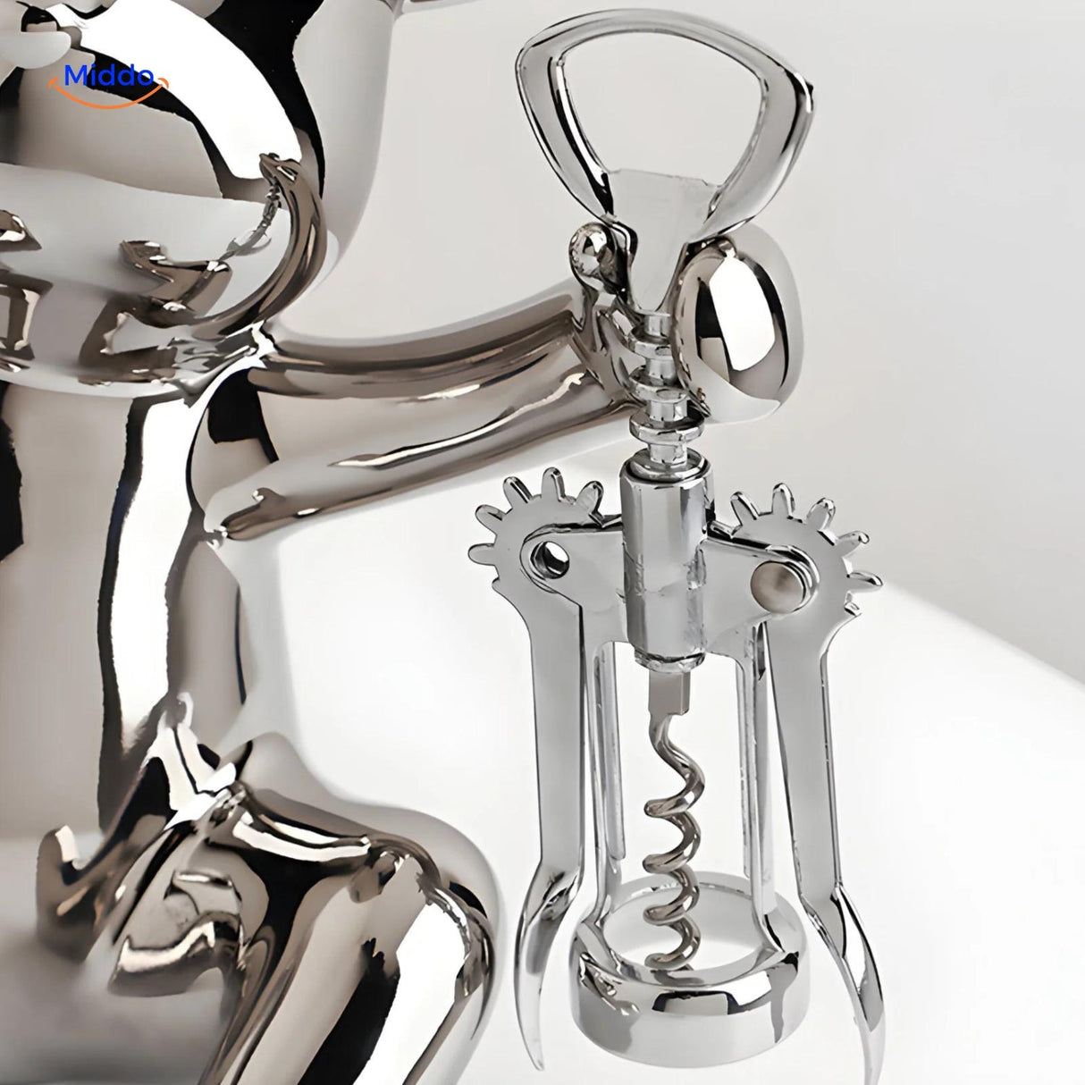 Close-up of the bear-shaped bottle opener mechanism on the rustic wooden wine holder.