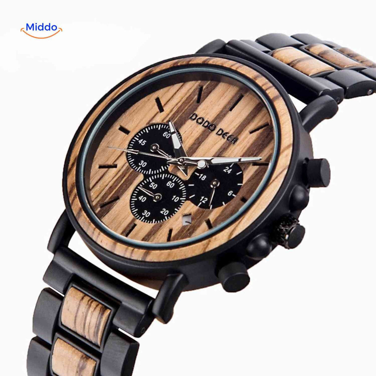 Wooden chronograph watch with black steel bezel and case.