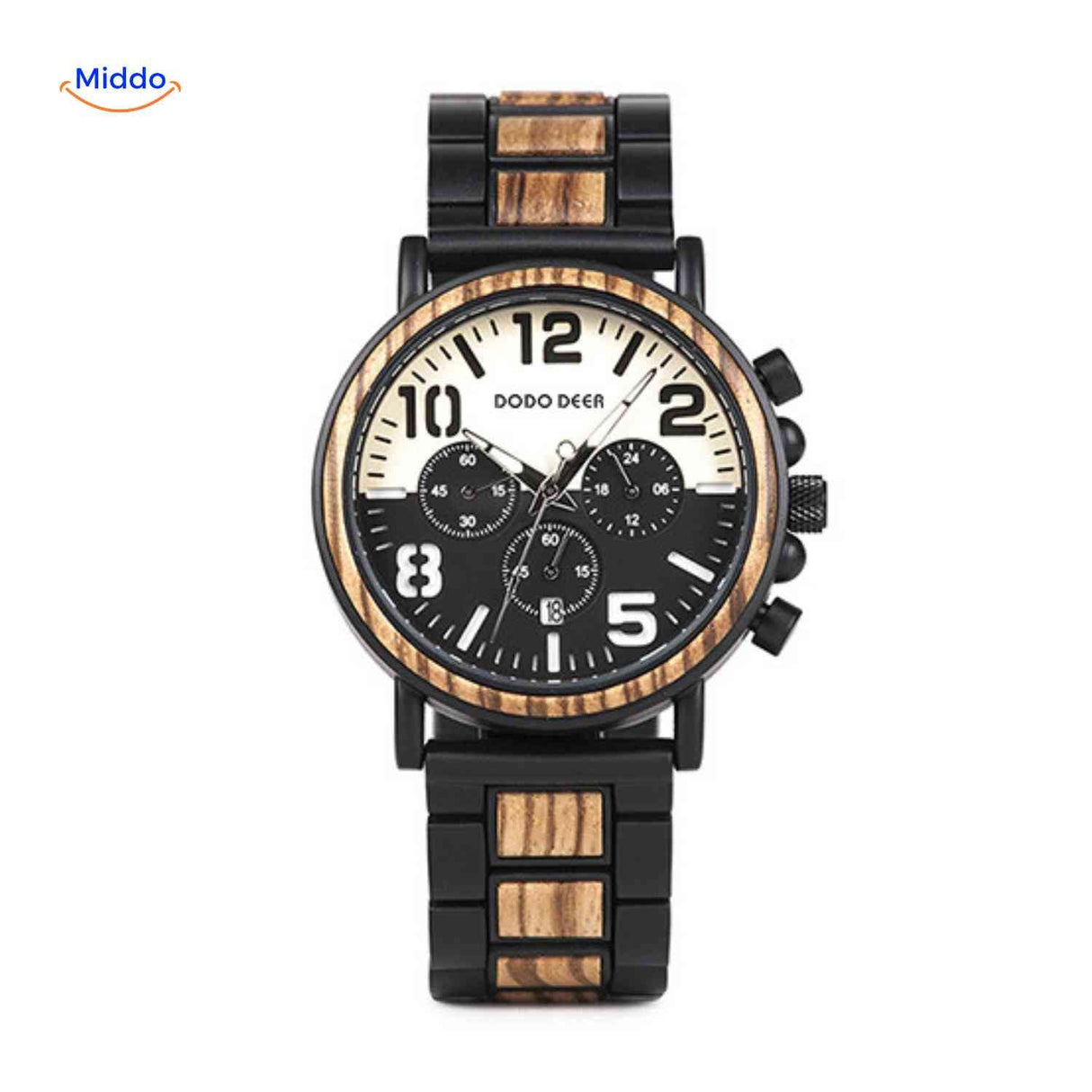 Bold rugged wooden chronograph watch showing sporty design.