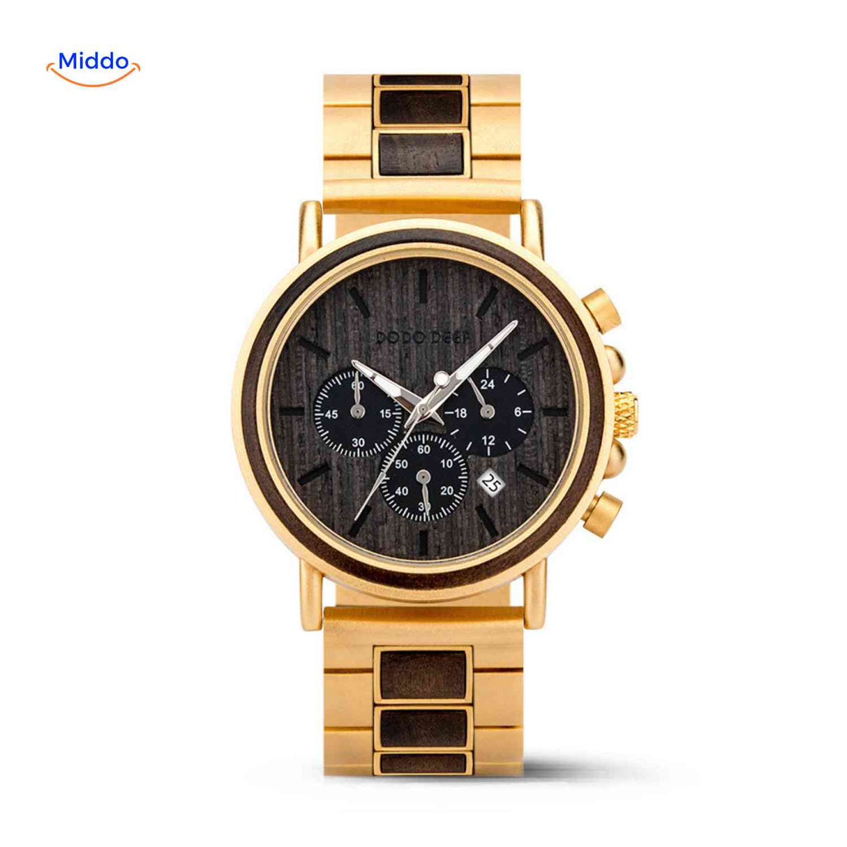 Luxury wooden chronograph watch with date display window.