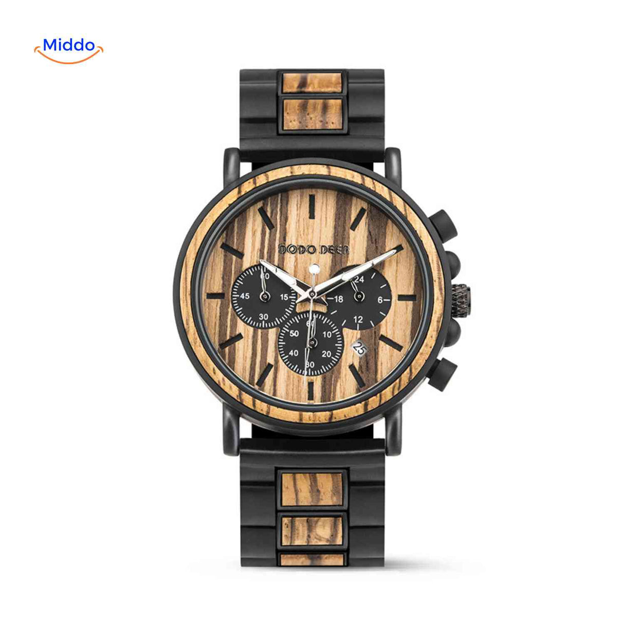 Wooden chronograph watch with natural authentic wood grain pattern.