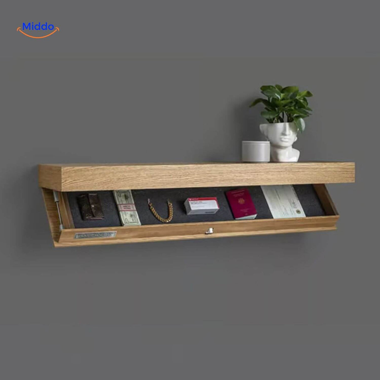 Natural wood floating shelf with dedicated storage for jewelry and documents.