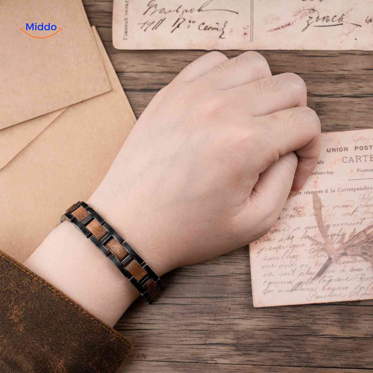 Wooden bracelet for men displayed on wrist showing proper fit and comfort.