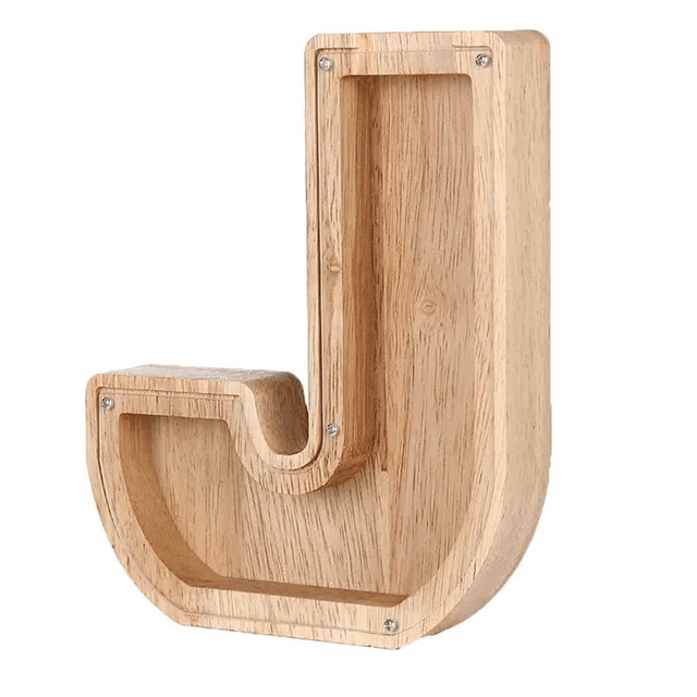 Wooden piggy bank shaped like alphabet letter J, educational money container for kids.