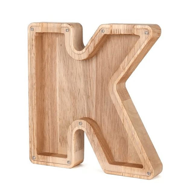 Wooden piggy bank shaped like alphabet letter K, stylish savings toy for children.
