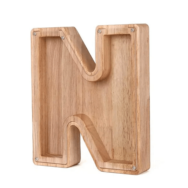 Wooden piggy bank shaped like alphabet letter N, eco-friendly toy bank for kids.