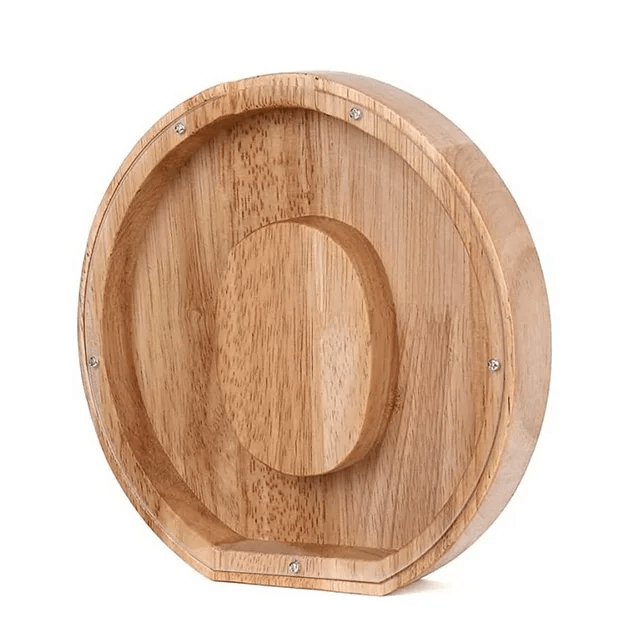 Wooden piggy bank shaped like alphabet letter O, natural savings container for children.