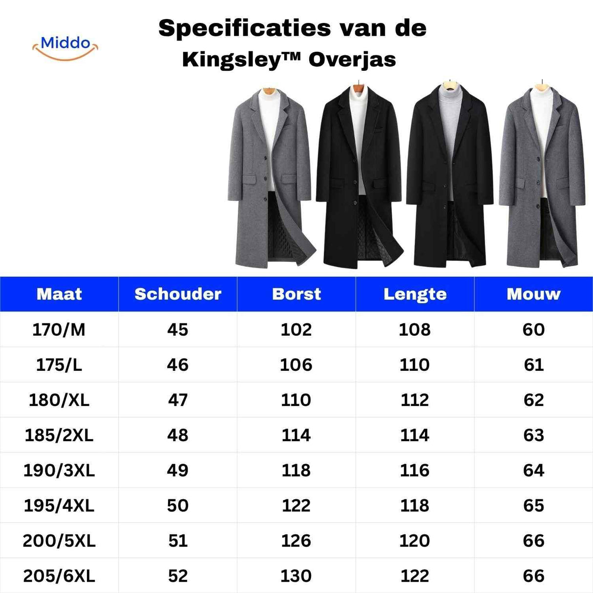 Size chart and measurements guide for the mens wool long overcoat with fit specifications.