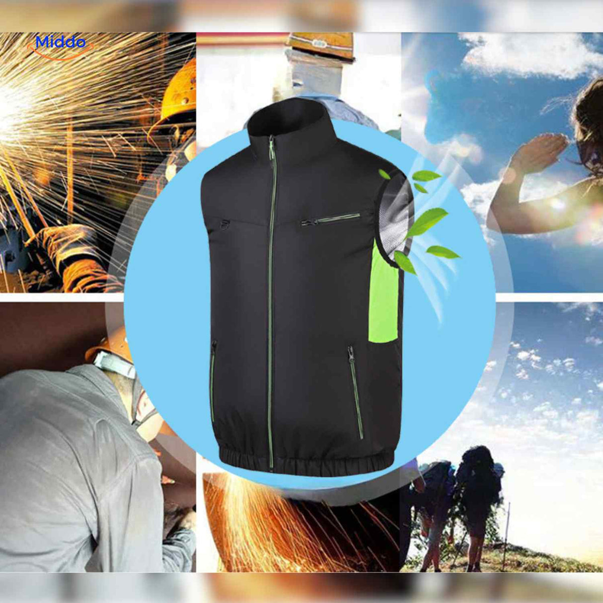 Heavy-duty cooling work vest with heat-resistant fabric and fan ventilation system.