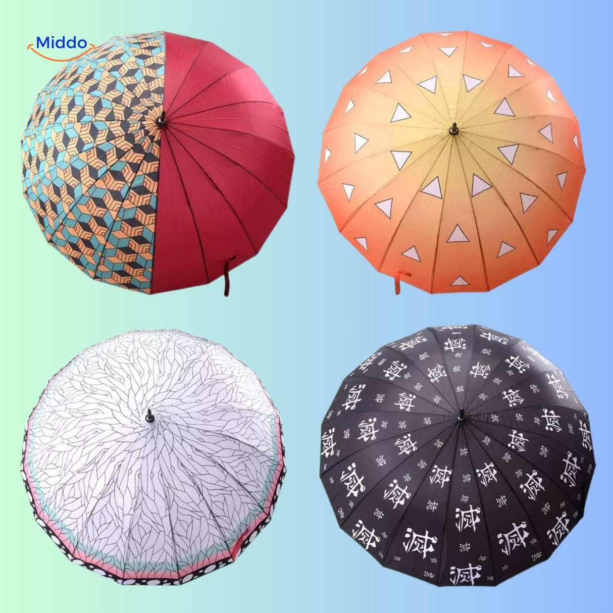 ZenBrella orange umbrella with white triangle pattern and anime sword-style handle