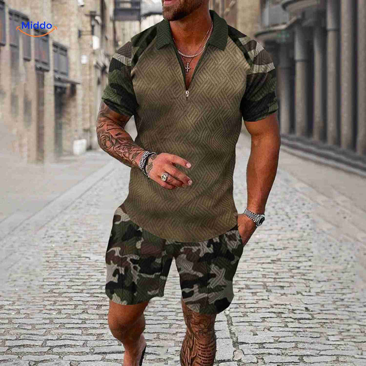 Zippora camouflage green army-style two-piece summer set.