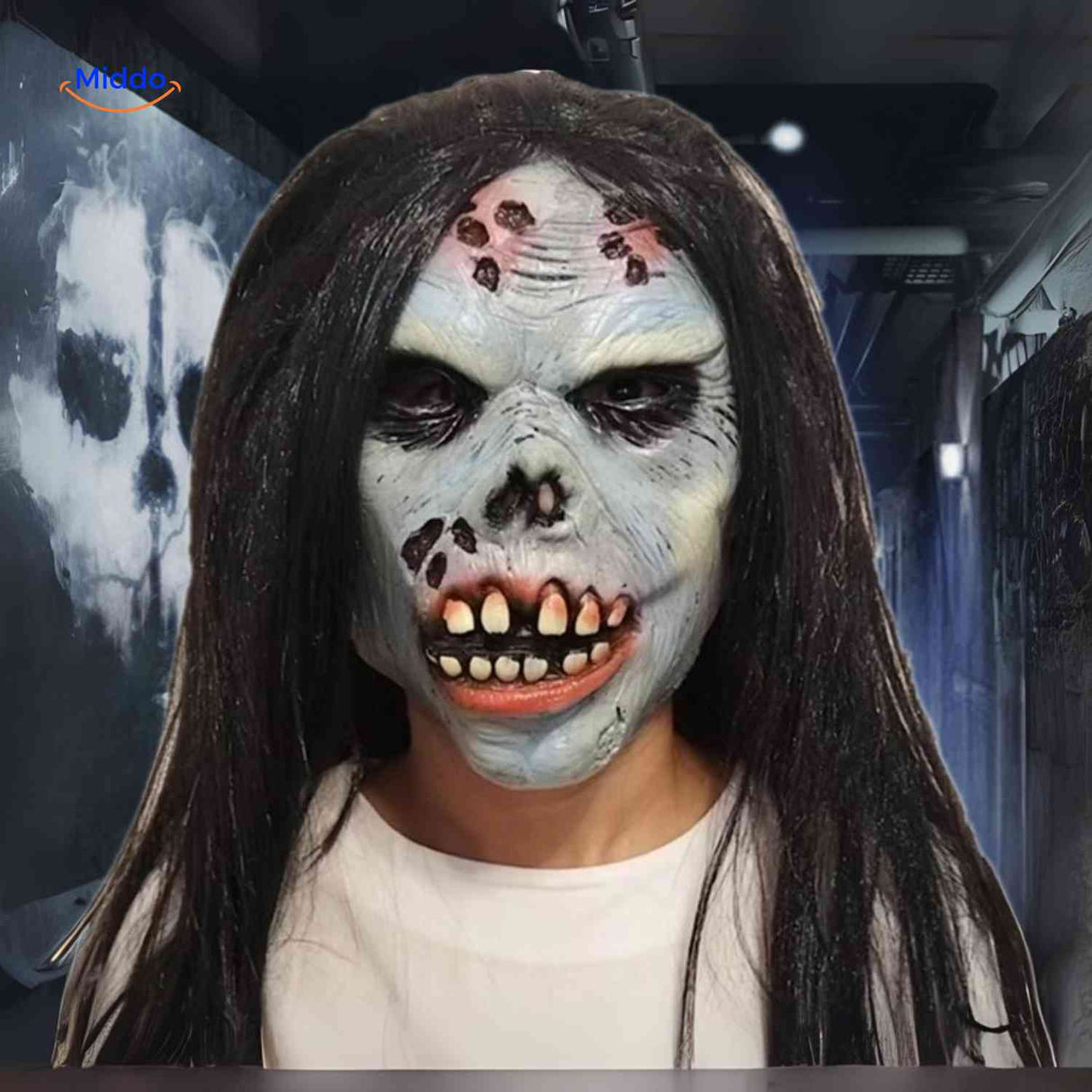Zombie horror mask featuring pimples and rotting teeth for realistic Halloween look.