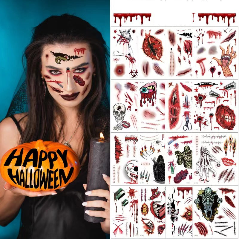 Zombie makeup horror temporary tattoo effect for complete Halloween costume.