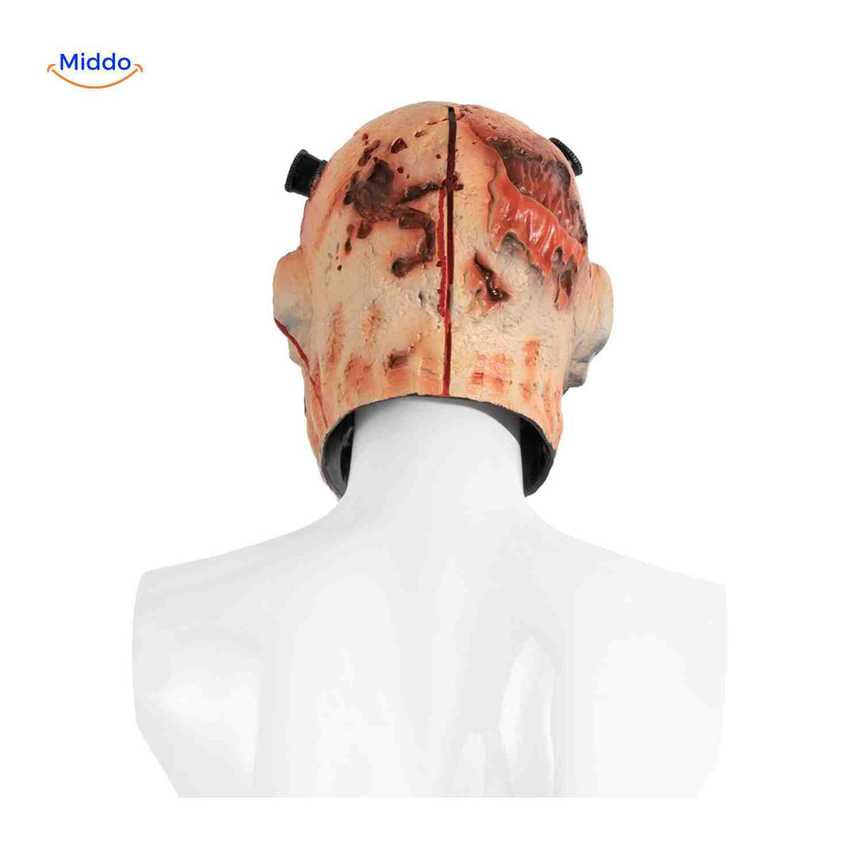 Rear view of latex zombie mask showing construction and fit design.