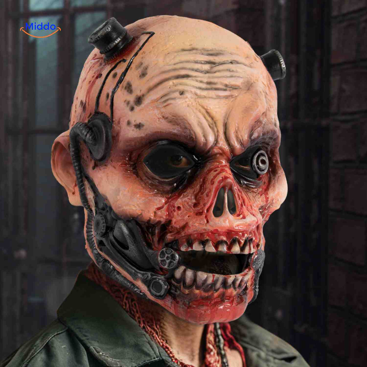 Bloody zombie latex mask with authentic gory Halloween horror effects.