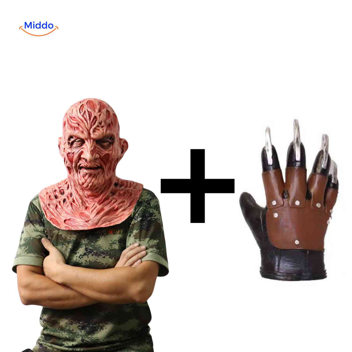 Burnt-textured Zombiora mask held by a hand wearing realistic claws.