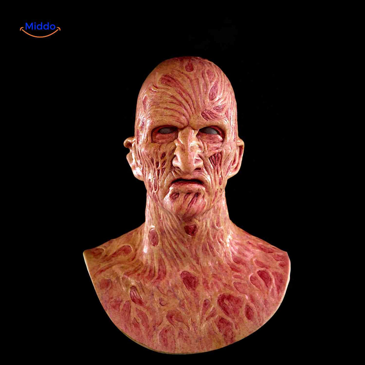Zombiora zombie mask with burnt appearance and bald head detail.