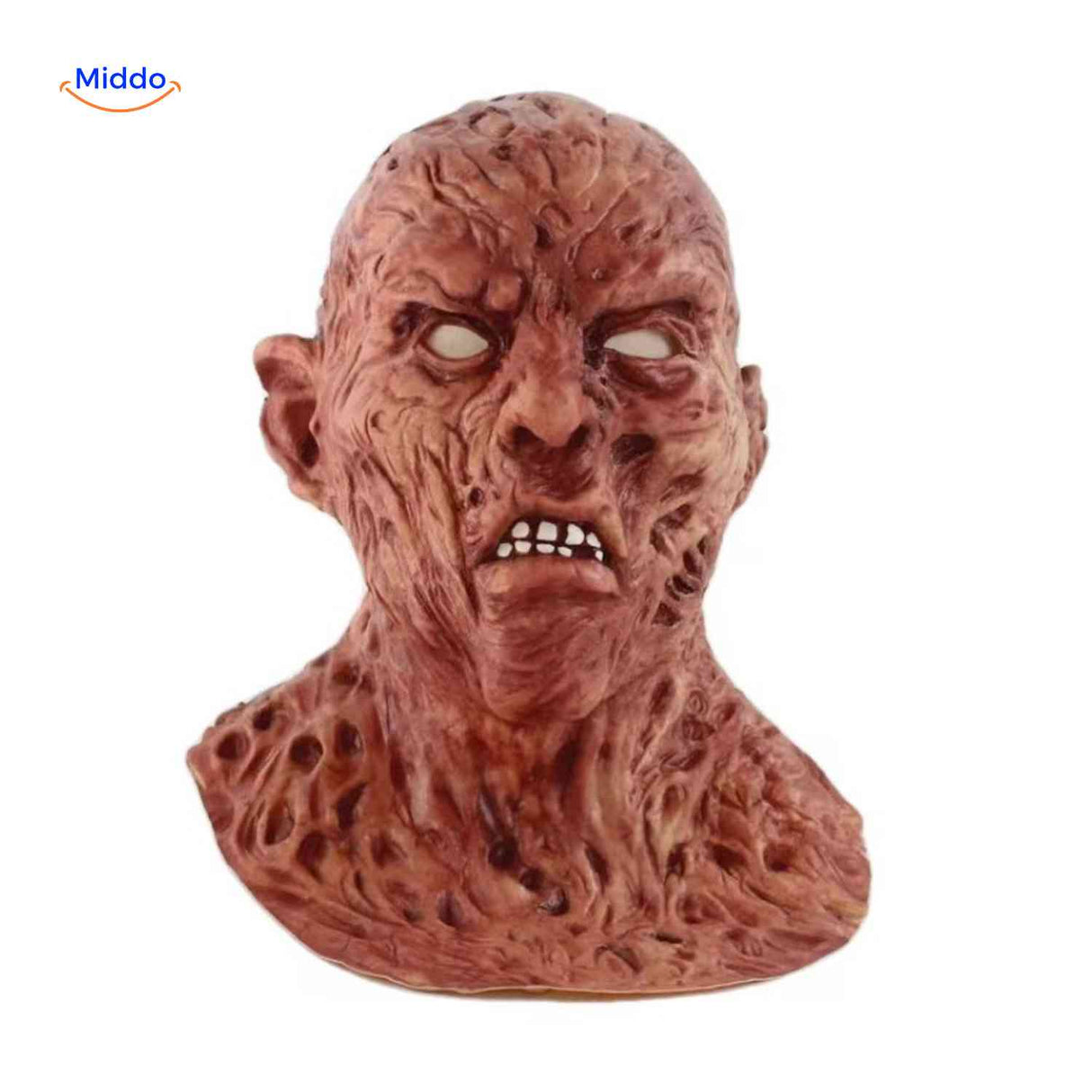 Close-up of Zombiora mask showing menacing teeth and burnt makeup.