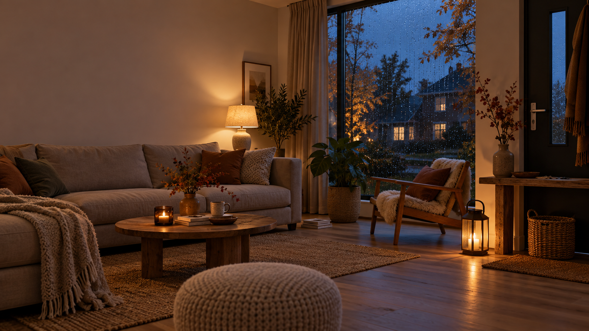 A warmly lit living room with a lamp and lantern on a rainy autumn evening