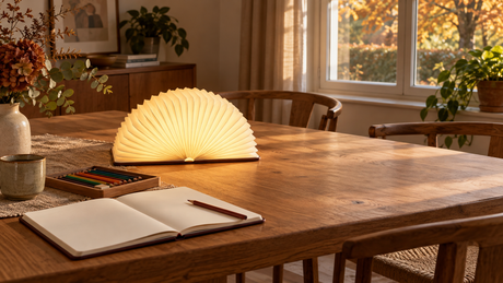 Sketchbook, pencils and an open LumiFold book lamp on a partly clear dining table