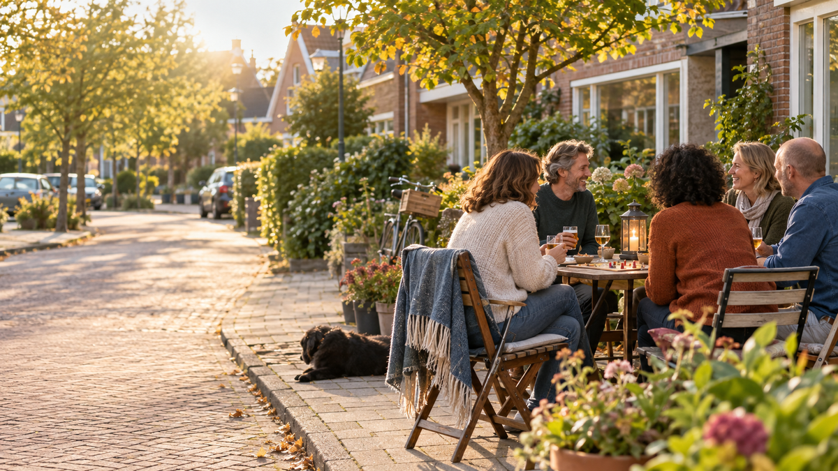 Neighbors talking around a table on a tree-lined street in autumn