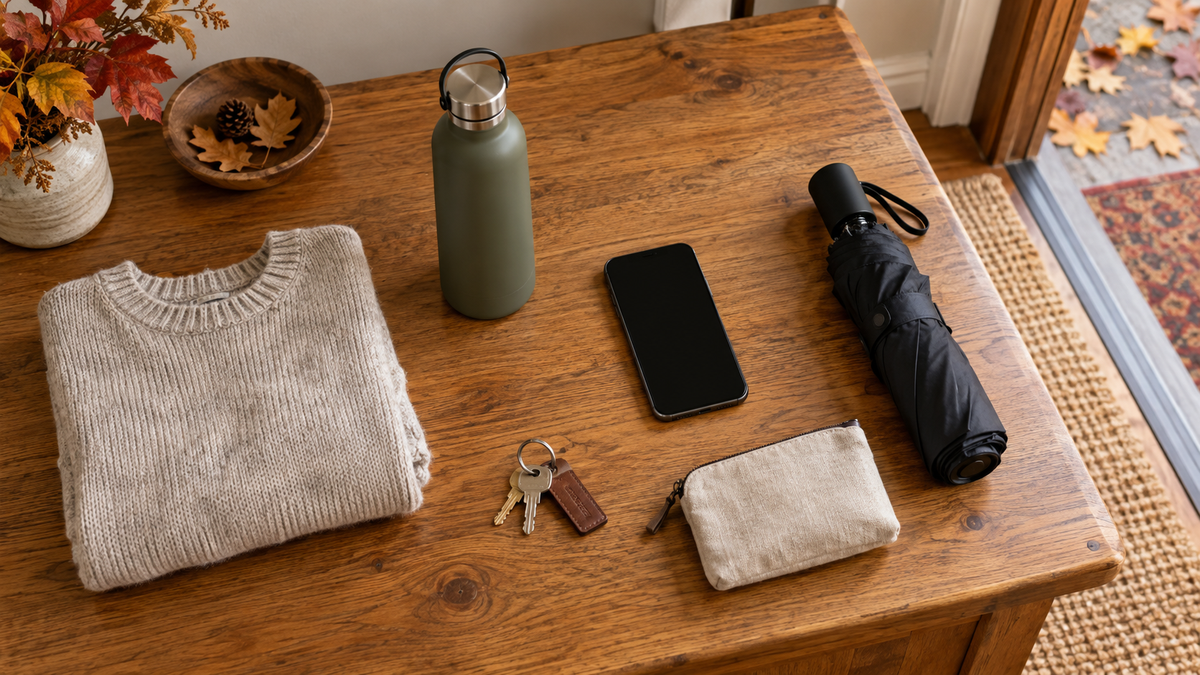 A sweater, bottle, phone, keys, umbrella and small pouch laid out on a table before a day out