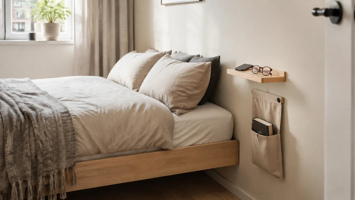 Small bedroom with a wall shelf and hanging organiser beside the bed