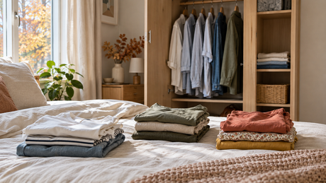 Plain clothes sorted on a bed in front of an open wardrobe