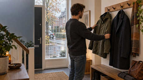 A man chooses between a hooded jacket and a dark coat in a hallway while rain falls outside