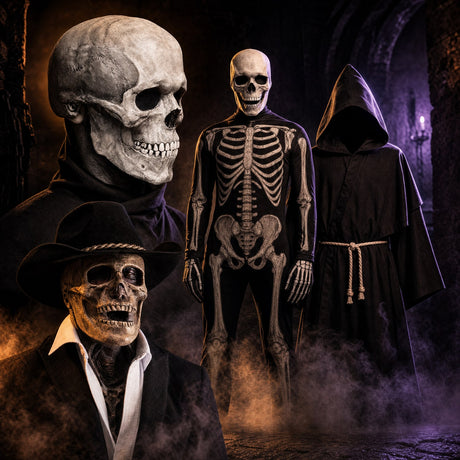 Halloween collection: realistic skull mask, skeleton bodysuit, hooded robe and horror latex mask in fog