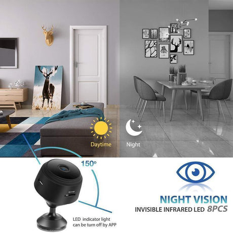 1080p WiFi mini security camera with compact white design and wide-angle lens for home monitoring.