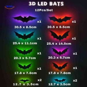 12-piece 3D LED bat light set for Halloween wall decoration.