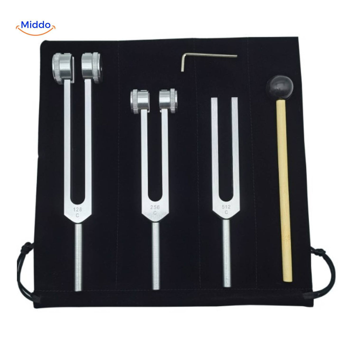 Complete frequency healing set: 128Hz, 256Hz, and 512Hz tuning forks.