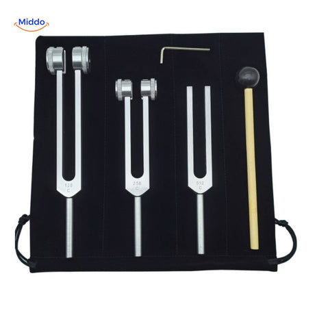 Complete frequency healing set: 128Hz, 256Hz, and 512Hz tuning forks.