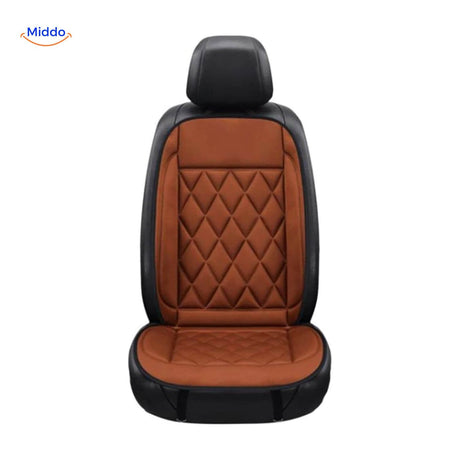 12V heated seat cushion featuring raw leather texture with diamond quilted pattern for durability.