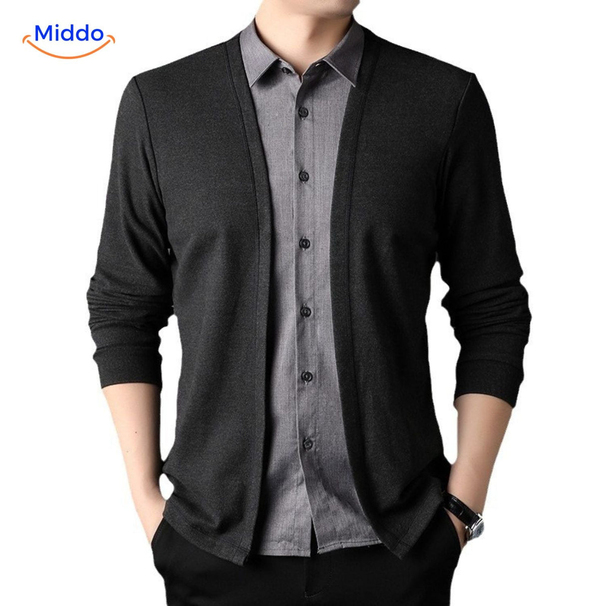 2-in-1 knit shirt featuring a stylish gray collar design detail.