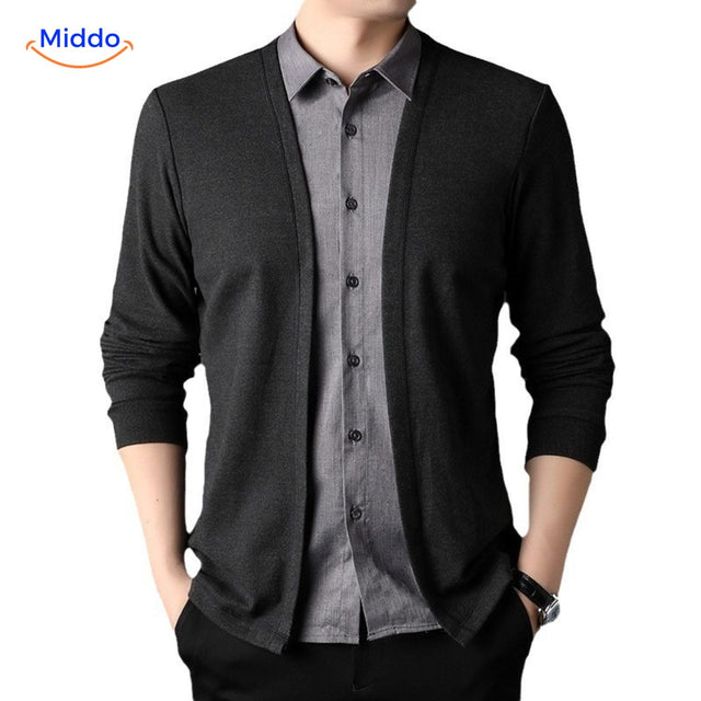 2-in-1 knit shirt featuring a stylish gray collar design detail.