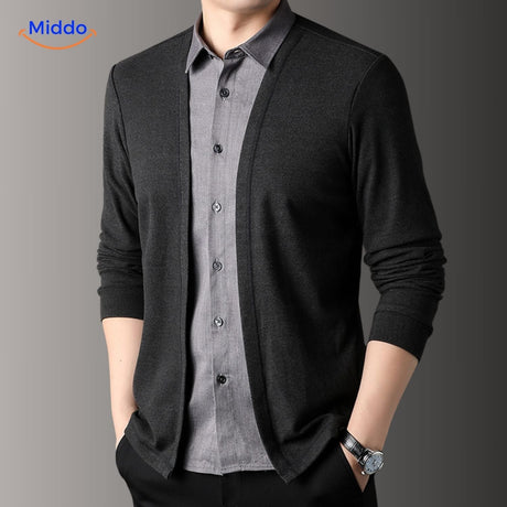 Model wearing 2-in-1 knit shirt demonstrating front fit and style.