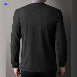 2-in-1 knit shirt with striped layering combination styling.