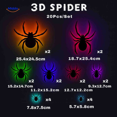 20-piece 3D LED spider light set for Halloween wall decoration.