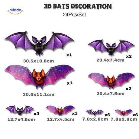 24-piece 3D LED bat light set in purple style for Halloween.
