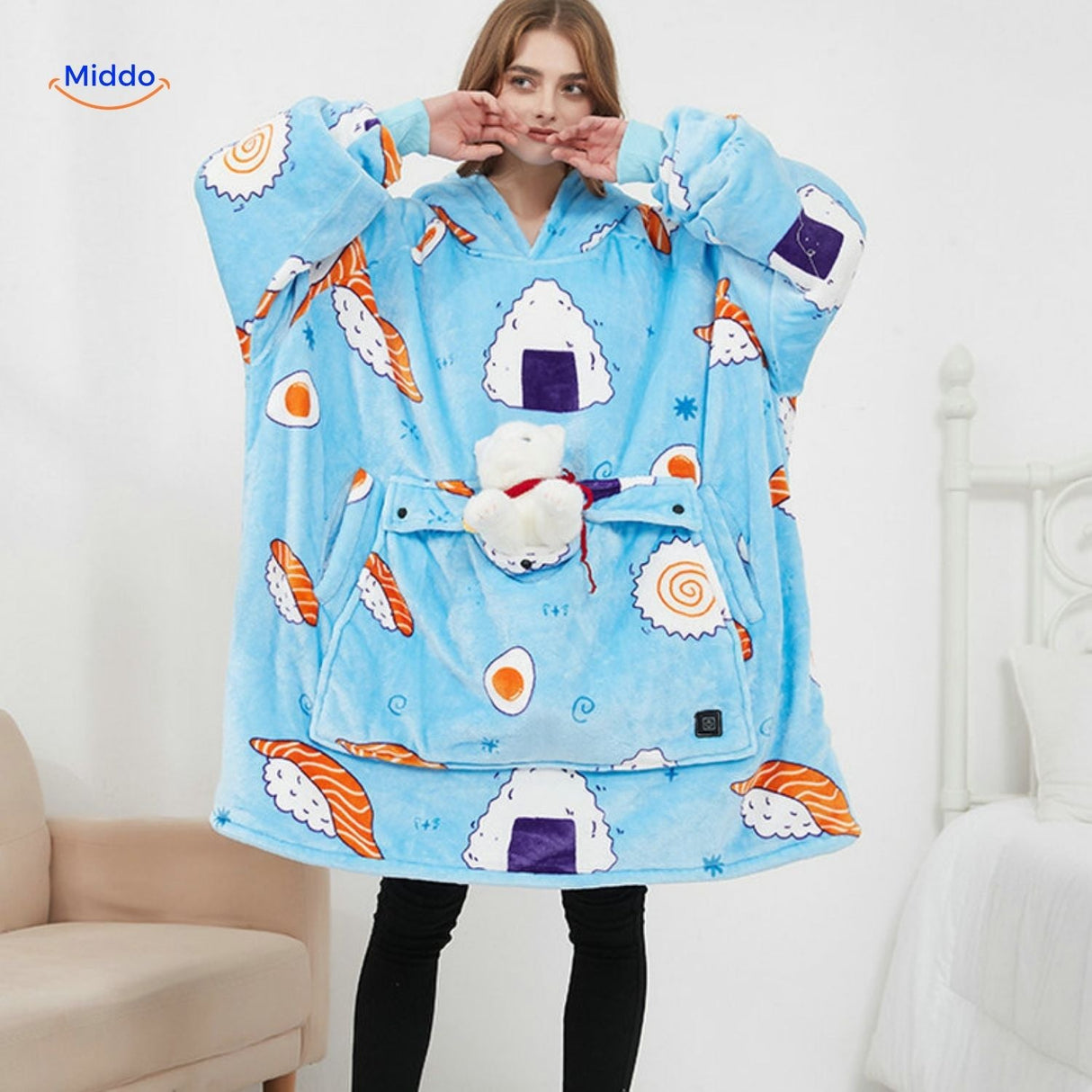 Full overview of the 3-zone USB heated sweater showing design and heating zone placement.
